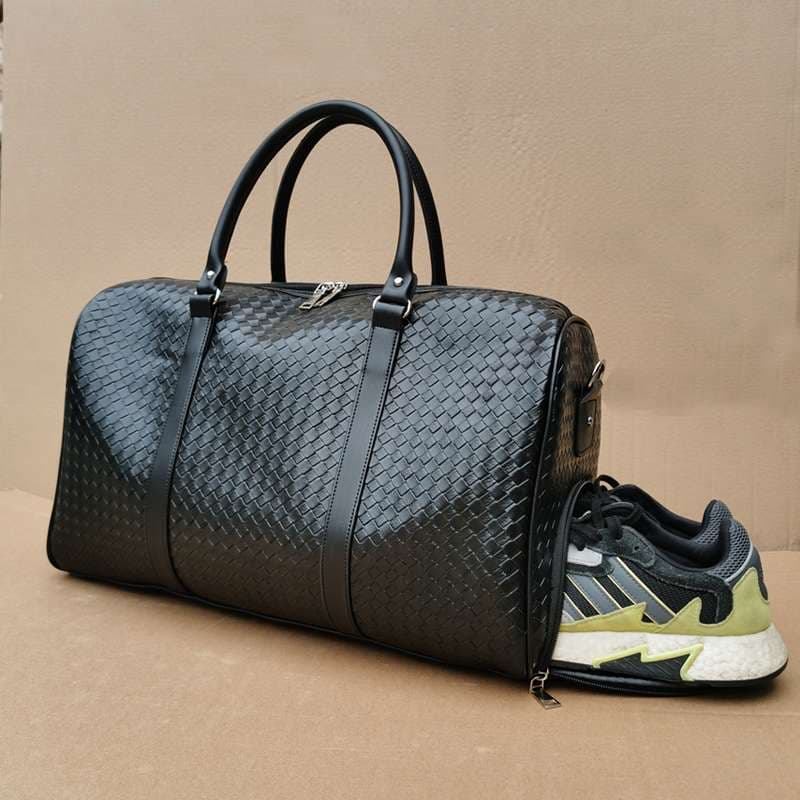 旅行バッグ 高級編み込み革製ボストンバッグ
