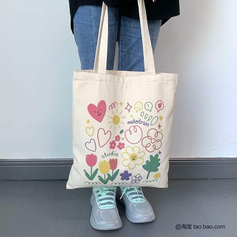旅行バッグ 花とイラストの楽しいトートバッグ